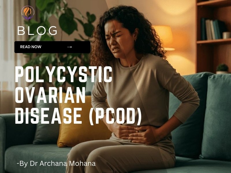 A woman sitting on a couch, clutching her lower abdomen in pain, illustrating symptoms of Polycystic Ovarian Disease (PCOD), with a blog title by Dr. Archana Mohana.