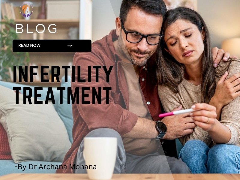 A concerned couple sitting on a couch, the woman holding a pregnancy test showing a negative result, highlighting the theme of infertility treatment by Dr. Archana Mohana.