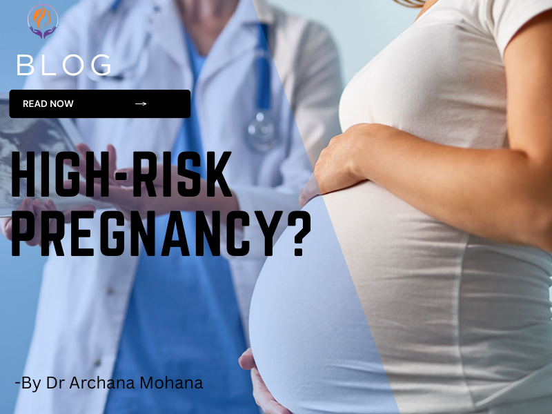 Pregnant woman holding her belly with a doctor in the background discussing high-risk pregnancy care.
