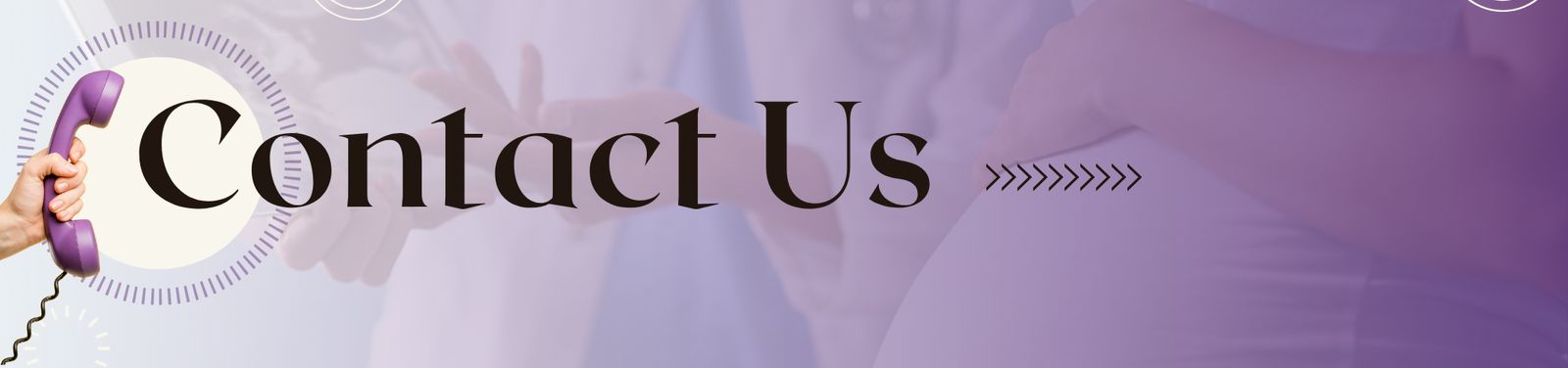 Banner with the text "Contact Us" featuring a hand holding a purple retro telephone handset on a purple gradient background.
