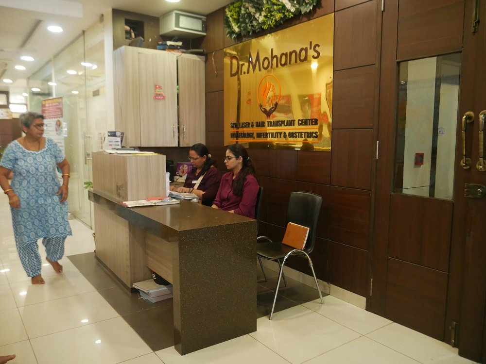 Welcoming reception at Dr. Mohana’s Skin, Laser & Hair Transplant Center, where patients are guided for appointments and treatments in gynecology, infertility, obstetrics, and skincare. 