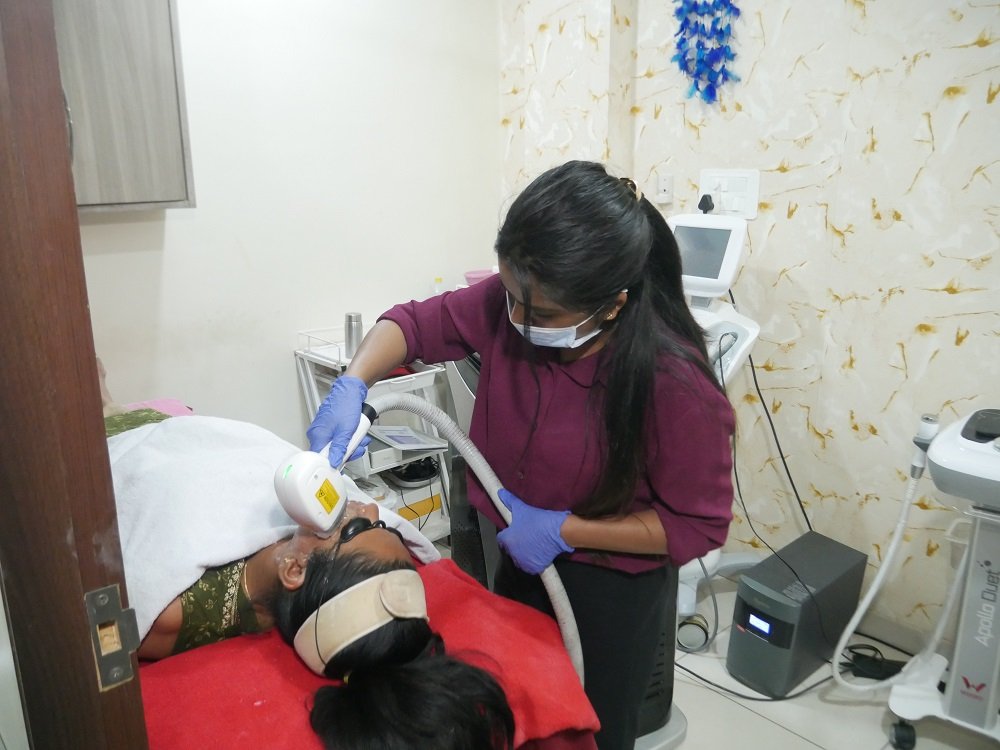 Advanced laser therapy session at Dr. Mohana’s clinic, helping patients achieve clear, radiant, and healthy-looking skin. 