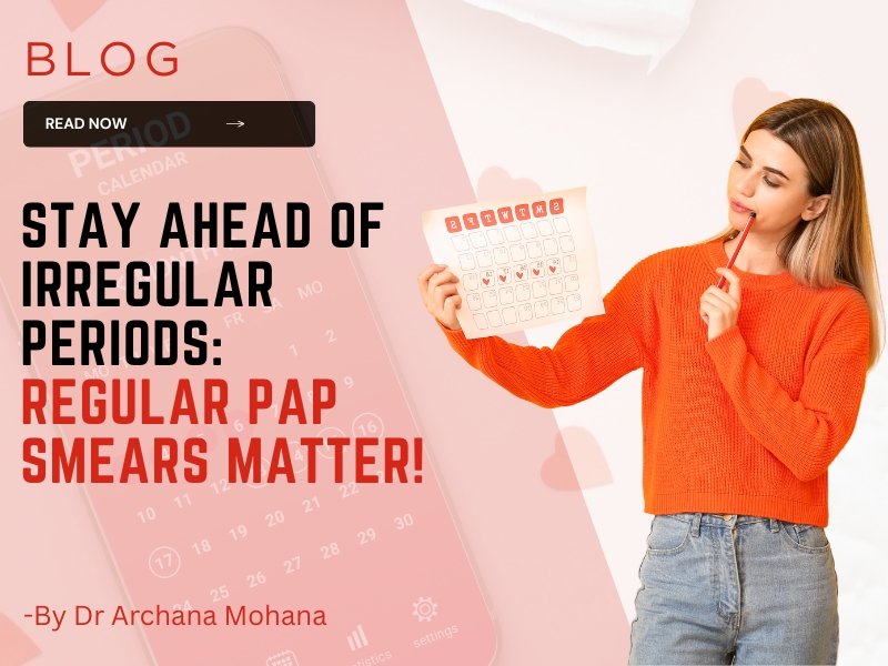 A woman in a red sweater holding a calendar while thinking, with a period tracking app in the background, emphasizing the importance of regular Pap smears for managing irregular periods.